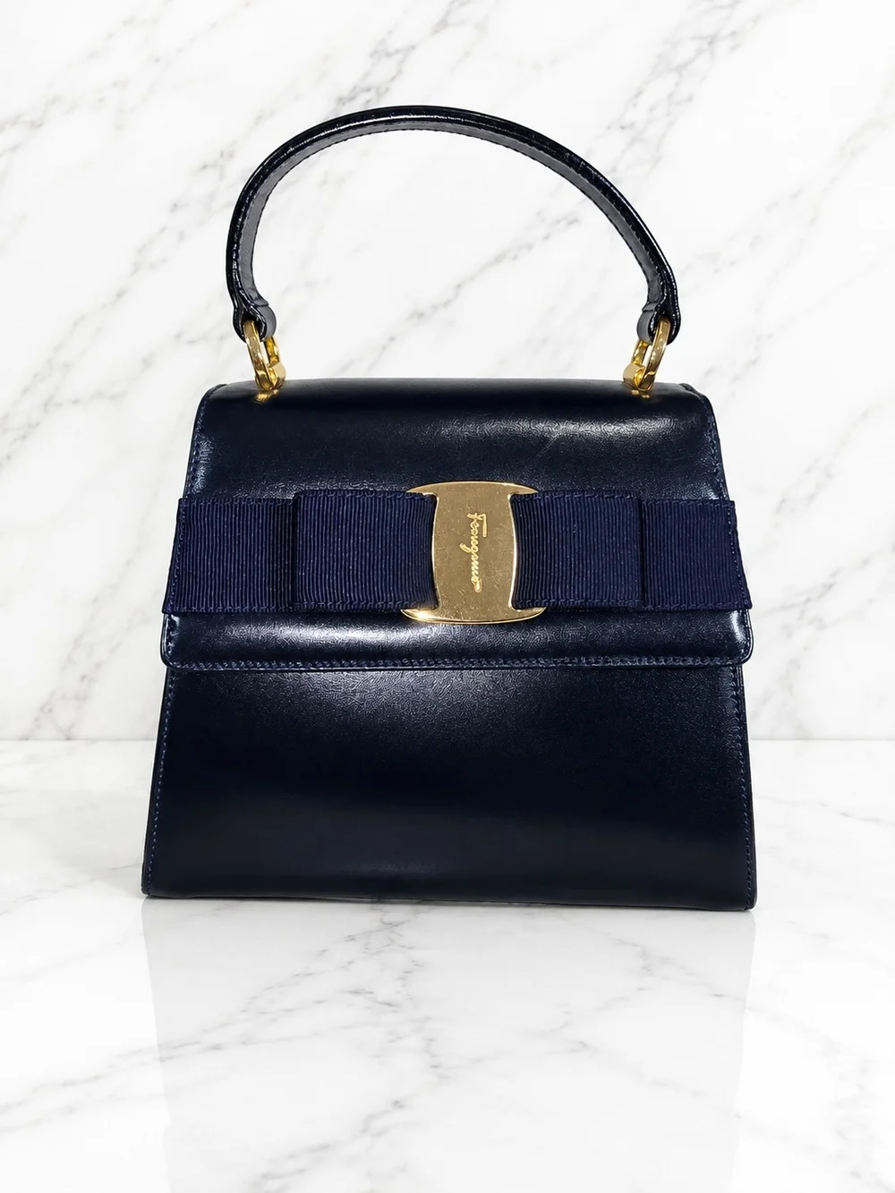 Salvatore Ferragamo Navy Leather Vara Bow Satchel with Gold Hardware